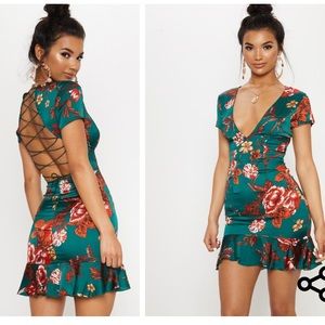 Emerald Green Criss Cross Back Frill Hem Dress